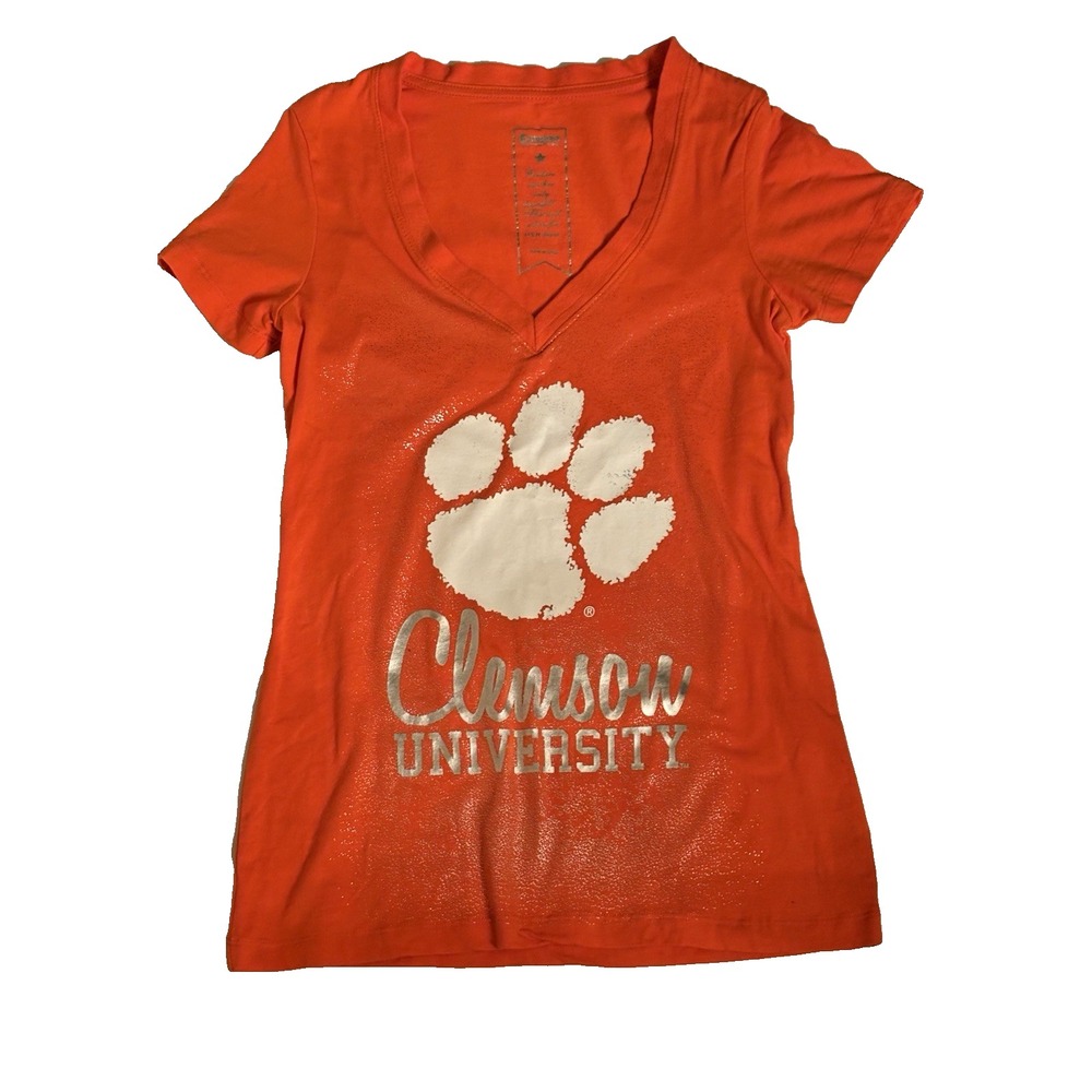 Clemson University Women's V-Neck T-Shirt Campus Couture Orange Paw Glitter Sm